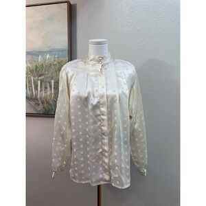 Jennifer Vintage Cream Jacquard Satin Mock Neck Blouse 80s Secretary Top Size 10